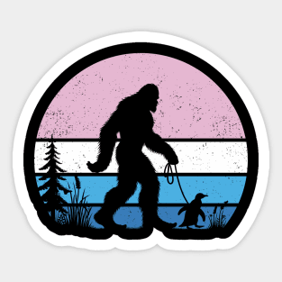 Bigfoot Sasquatch Walking A Penguin Vintage Sunset Seabird Sticker